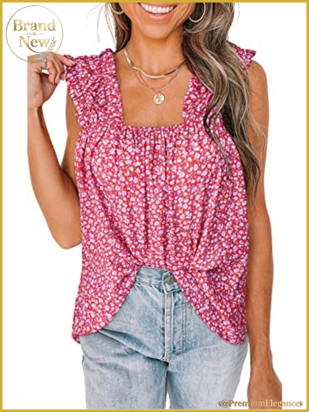 Boho Floral Tank Top Women Sleeveless Shirred Pleated Square Neck Summer Blouse
